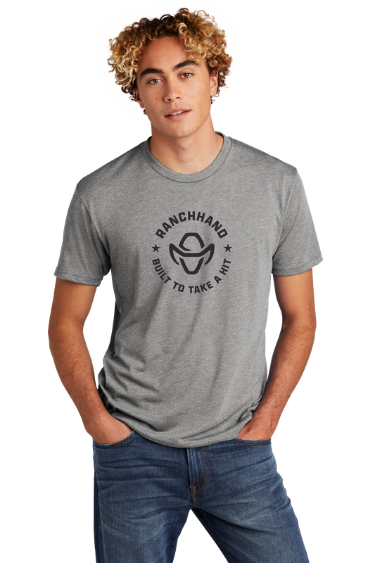 Model Wearing Grey Ranch Hand Built To Take a Hit T-shirt
