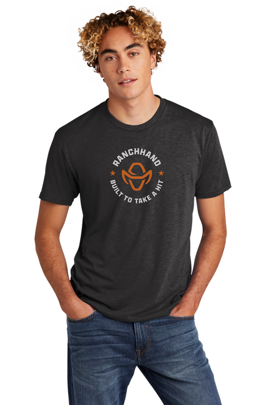 Model Wearing Vintage Black Ranch Hand Built To Take a Hit T-shirt