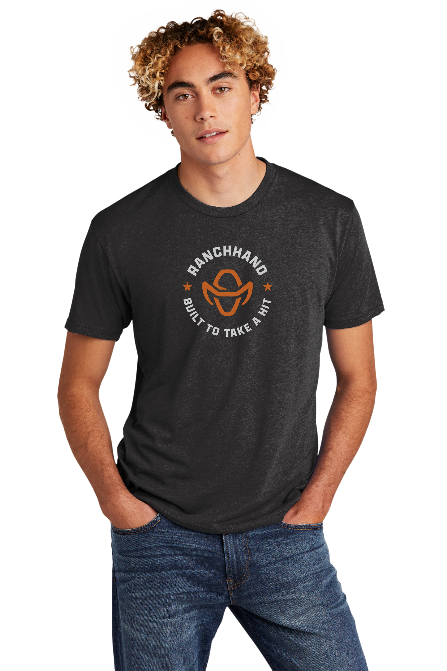 Model Wearing Vintage Black Ranch Hand Built To Take a Hit T-shirt