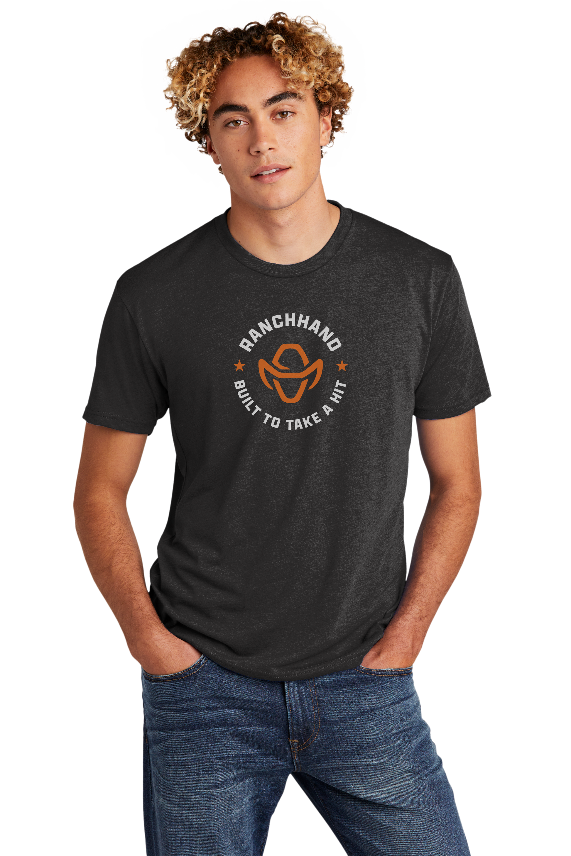 Model Wearing Vintage Black Ranch Hand Built To Take a Hit T-shirt